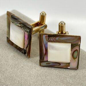 Vintage Cufflinks Mother of Pearl Abalone Inlay Gold Tone Metal Cufflinks